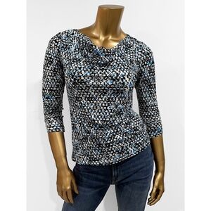 Ann Taylor Women's Blue Black Geo Print Cowl Neck Career Casual Blouse Size SP